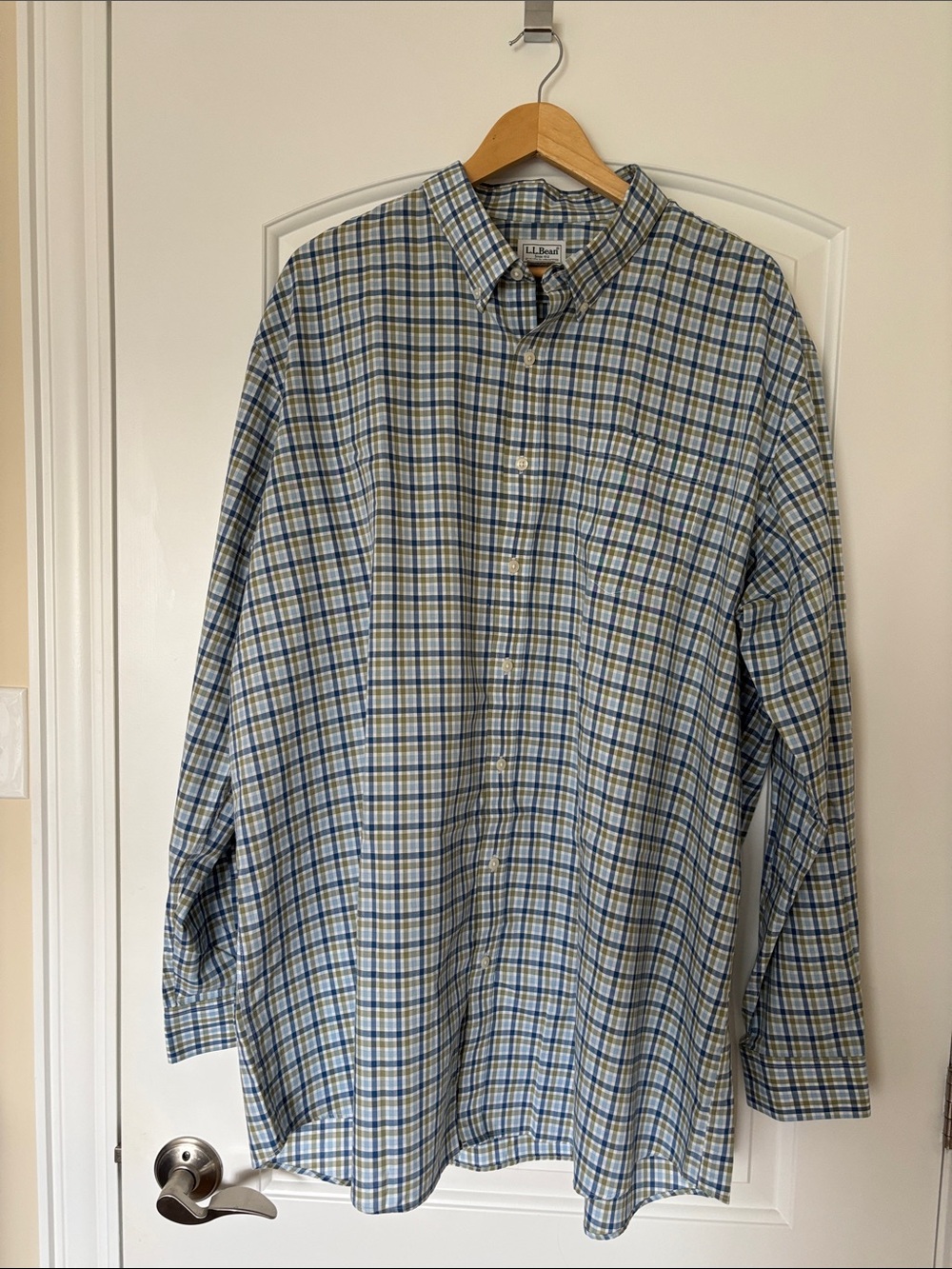 L.L.Bean Traditional Fit Plaid Shirt Menโs XXL Tall 100% Cotton Blue Green